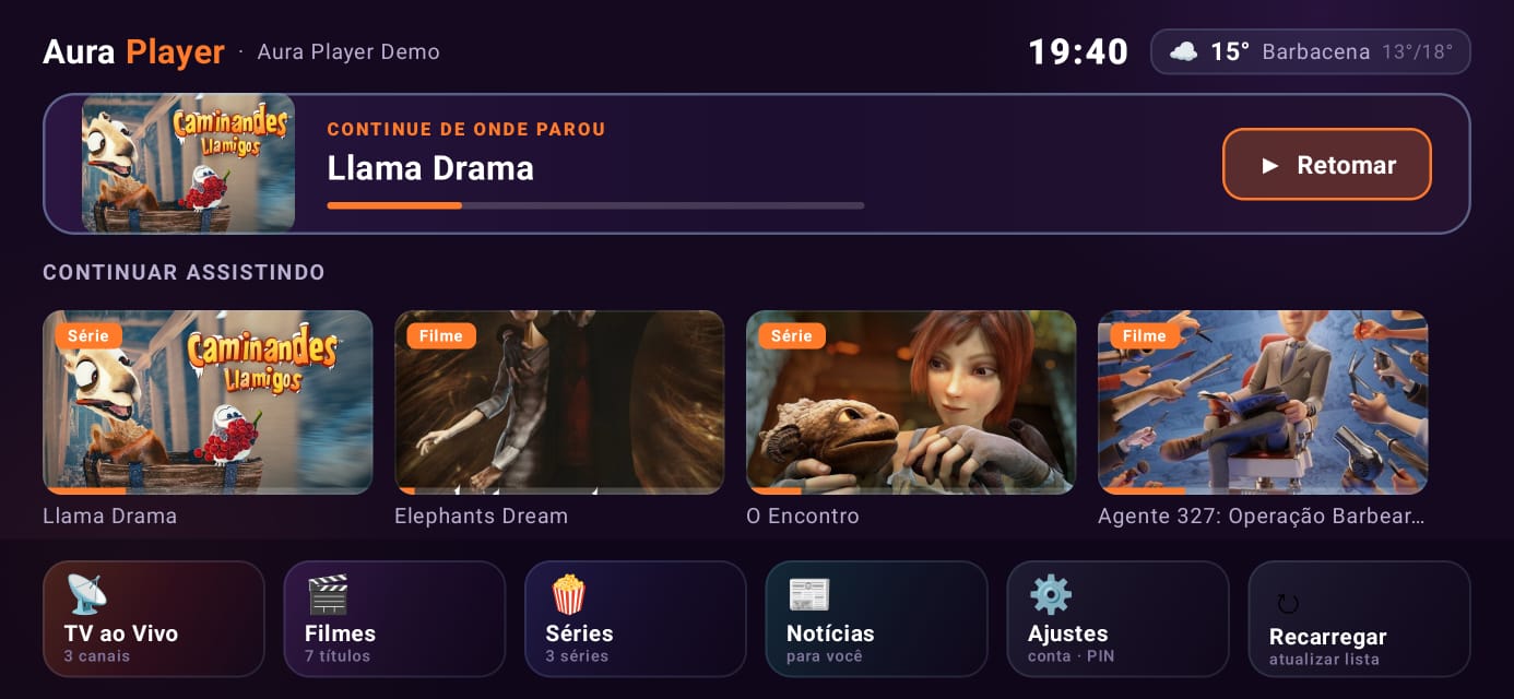 Tela inicial do Aura Player — continue de onde parou