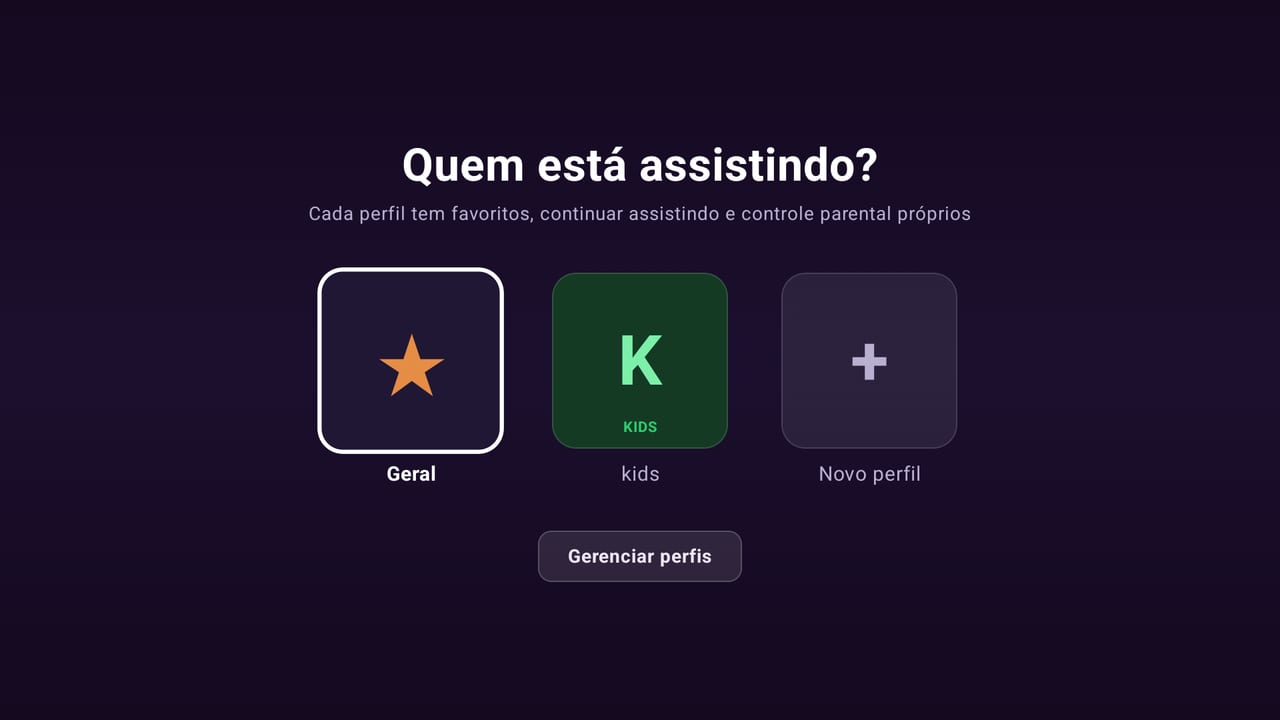 Seletor de perfis com perfil Kids e gerenciar perfis